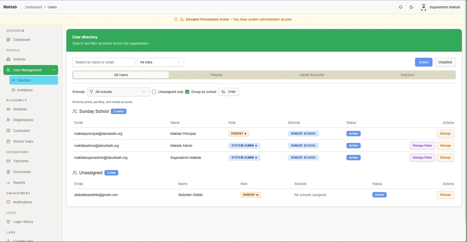Maktab school management dashboard with enrollment, payments, and school operations