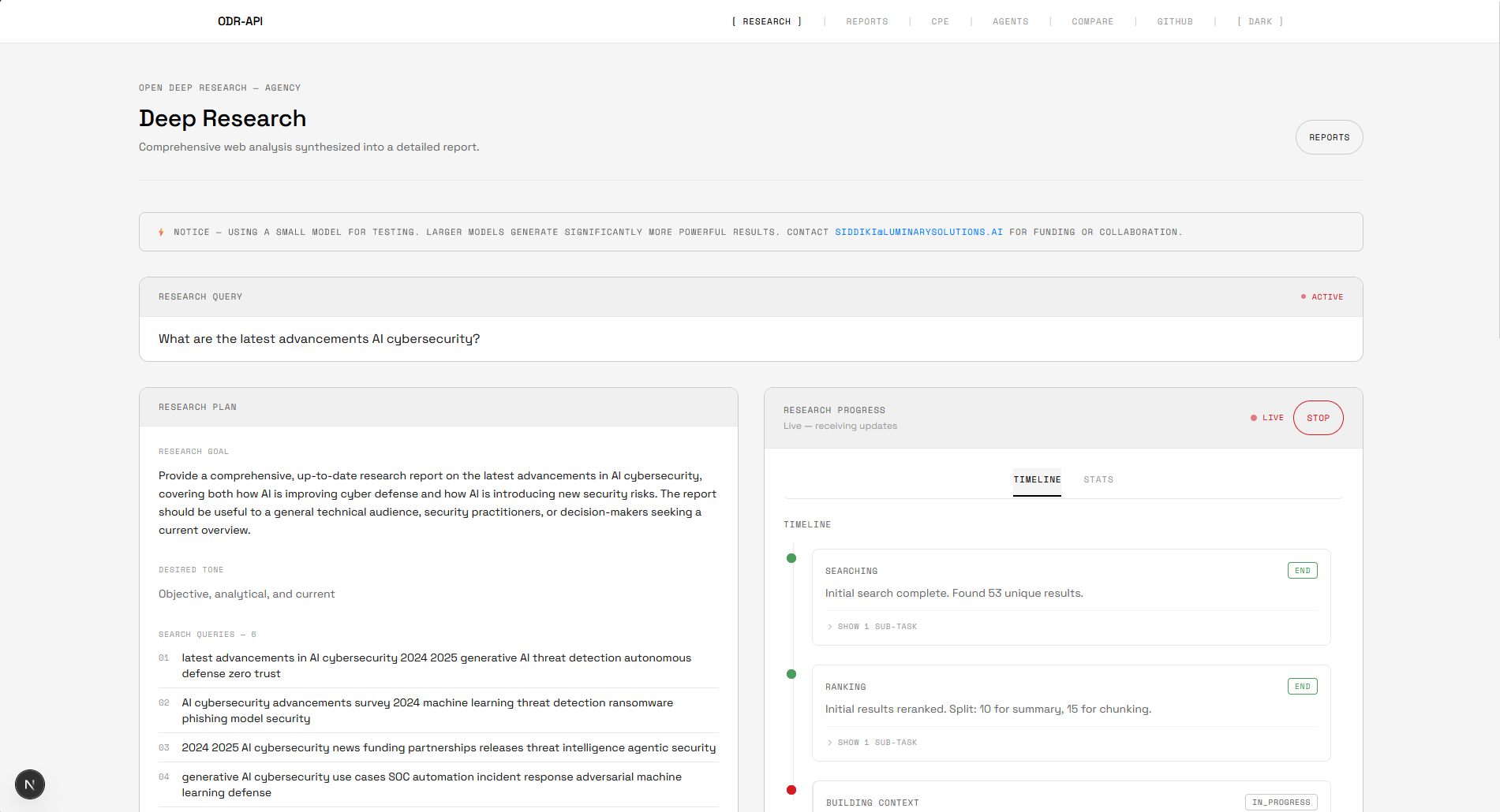 Open Deep Research with a research plan, source analysis, and live agent progress